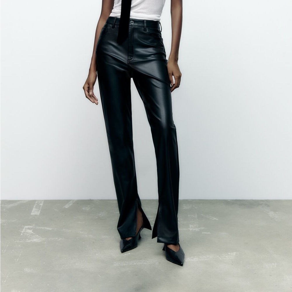 ZARA FAUX LEATHER SUPER HIGH RISE‎ SLIM FLARE TROUSERS WITH SLITS